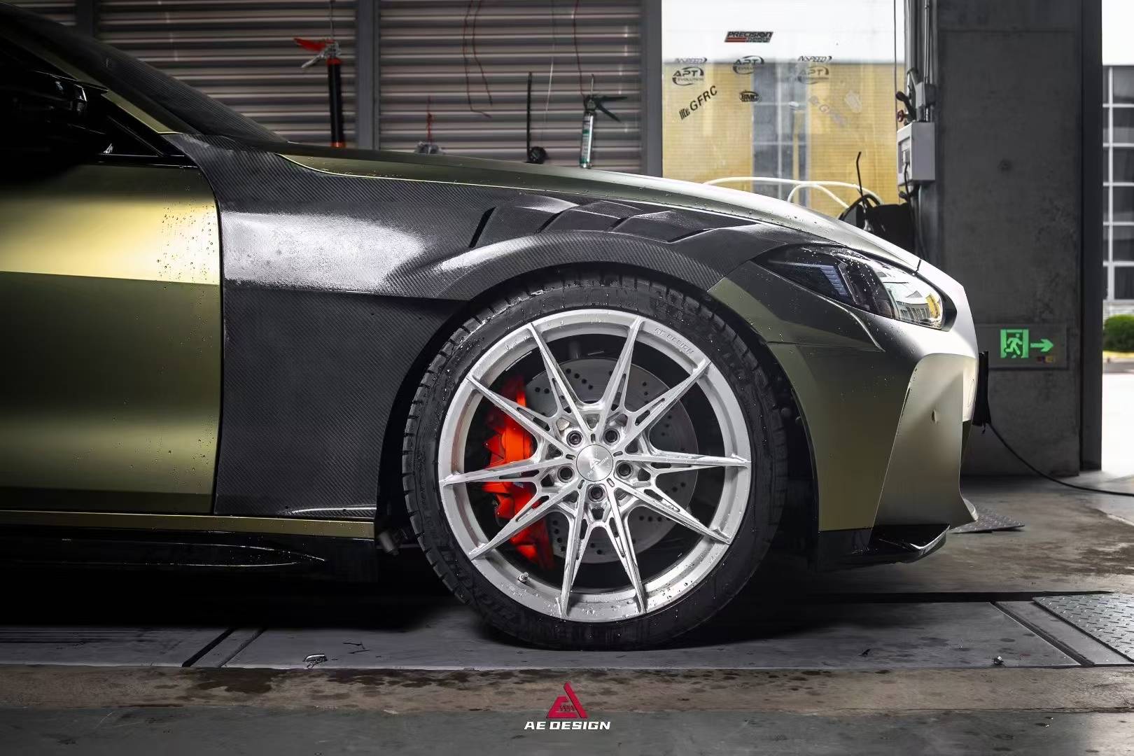 BMW M3 G80 G81 2021 2022 2023 2024 & M4 G82 G83 2021 2022 2023 2024 with Aftermarket Parts - AE Style Front Fenders Pre-preg Carbon Fiber from ArmorExtend