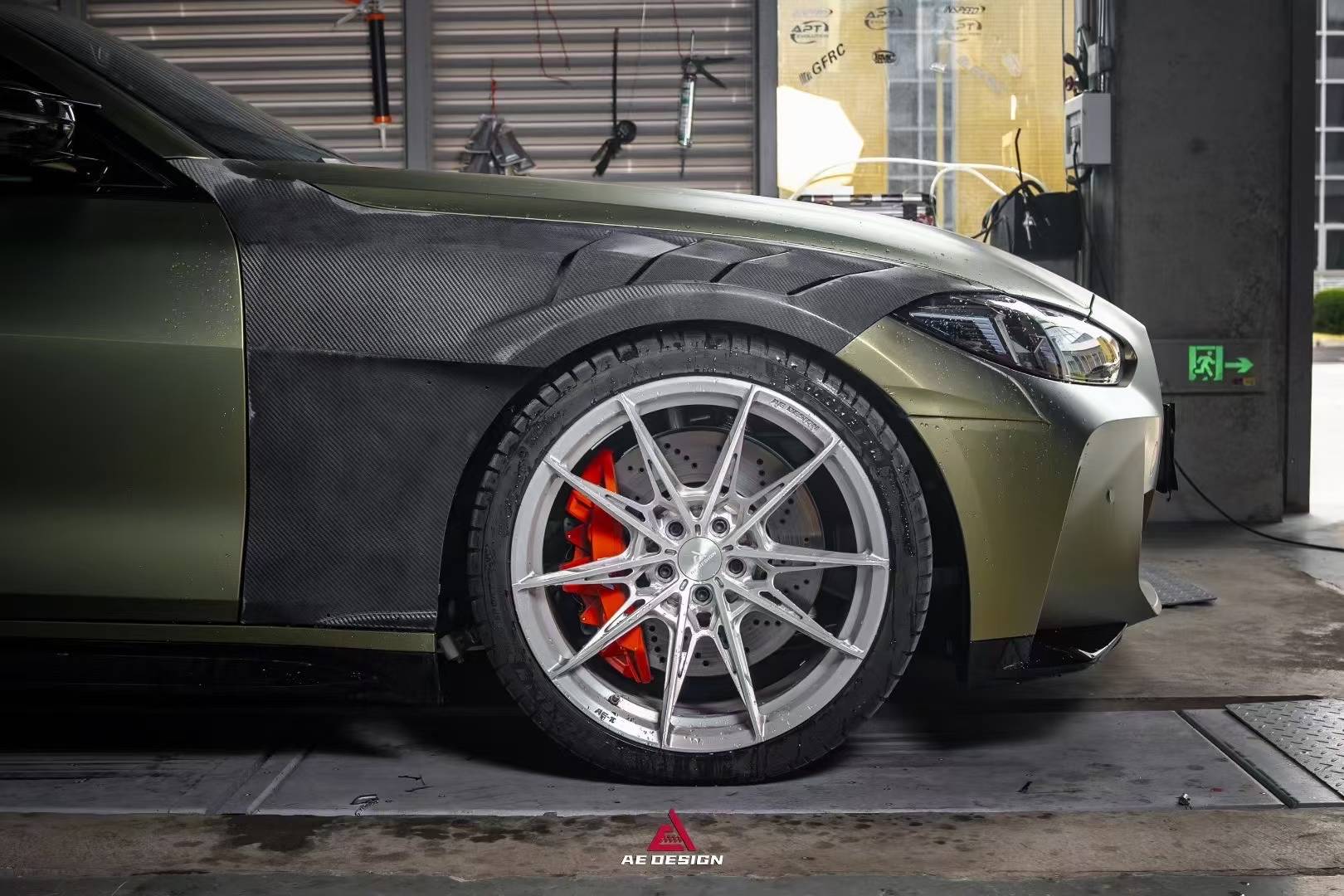 BMW M3 G80 G81 2021 2022 2023 2024 & M4 G82 G83 2021 2022 2023 2024 with Aftermarket Parts - AE Style Front Fenders Pre-preg Carbon Fiber from ArmorExtend