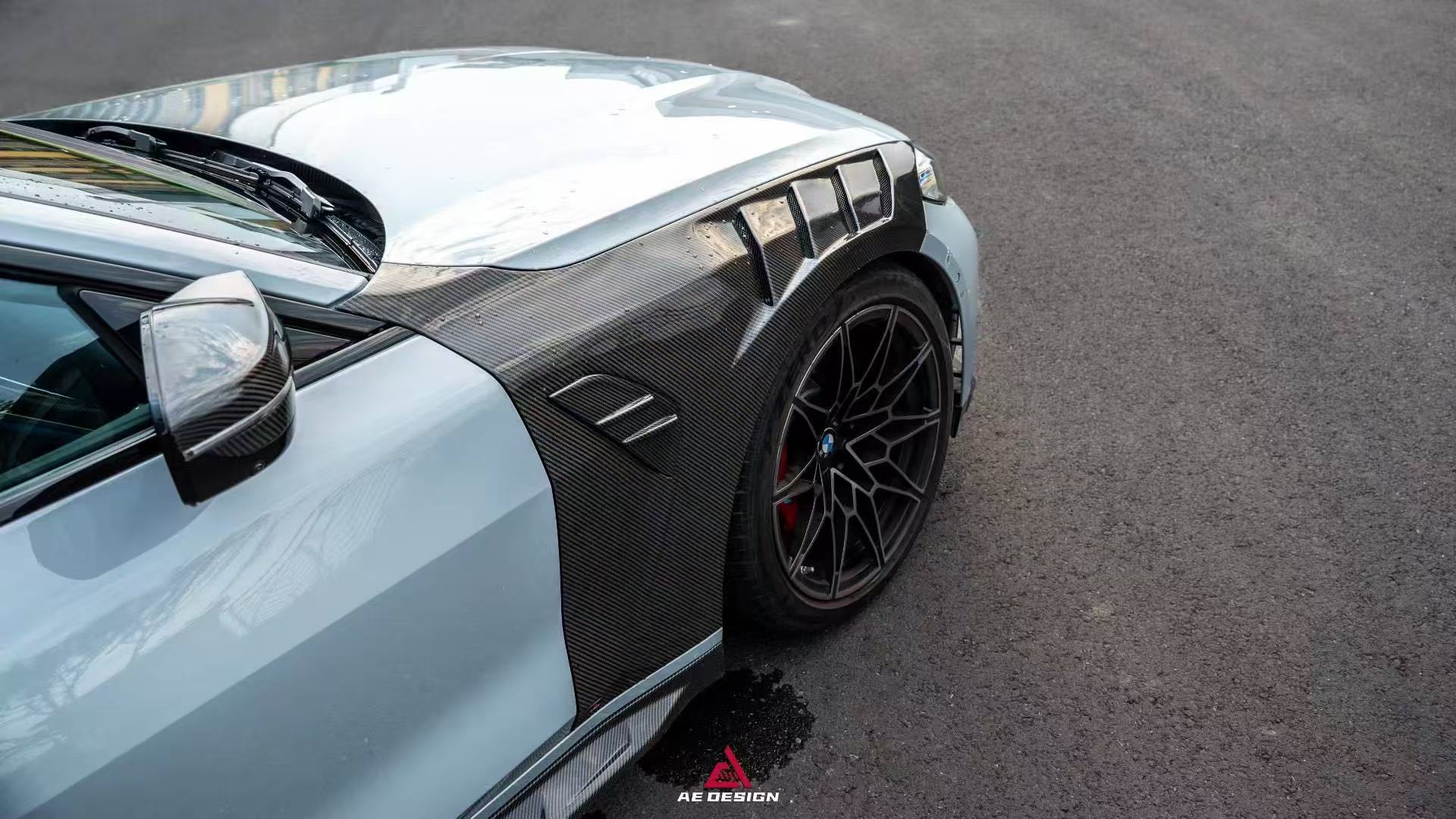 BMW M3 G80 G81 2021 2022 2023 2024 & M4 G82 G83 2021 2022 2023 2024 with Aftermarket Parts - AE Style Front Fenders Pre-preg Carbon Fiber from ArmorExtend