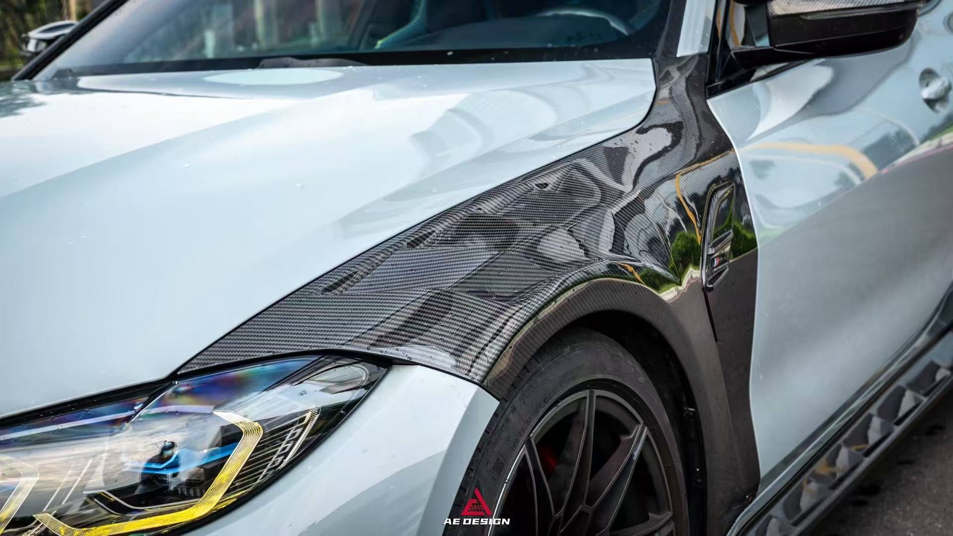 BMW M3 G80 G81 2021 2022 2023 2024 & M4 G82 G83 2021 2022 2023 2024 with Aftermarket Parts - AE Style Front Fenders Pre-preg Carbon Fiber from ArmorExtend