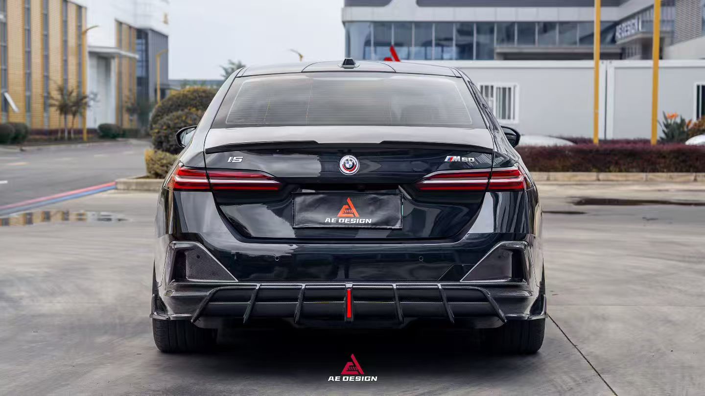 BMW i5 xDrive40 / eDrive40 (with M-package bumper, does not fit base mode) / M60 G60 G61 2024-ON & 5 Series 540i xDrive / 530i xDrive / 530i (with M-package bumper, does not fit base model) / 550e xDrive G60 G61 2024-ON with Aftermarket Parts - AE Design Rear Diffuser & Rear Canards Carbon Fiber from ArmorExtend