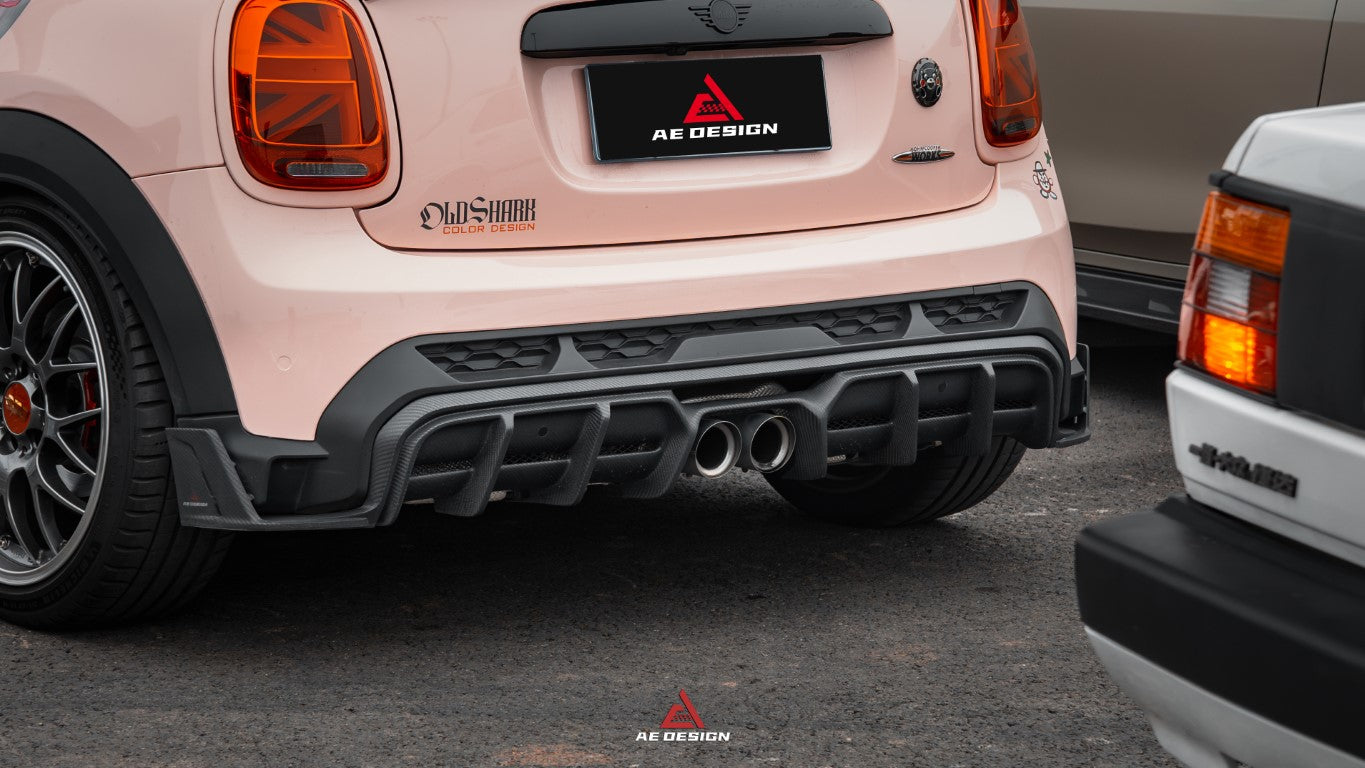 MINI Cooper JCW (John Cooper Works) F56 LCI 2022-ON with Aftermarket Parts - AE Style Carbon Fiber Rear Diffuser & Canards from ArmorExtend