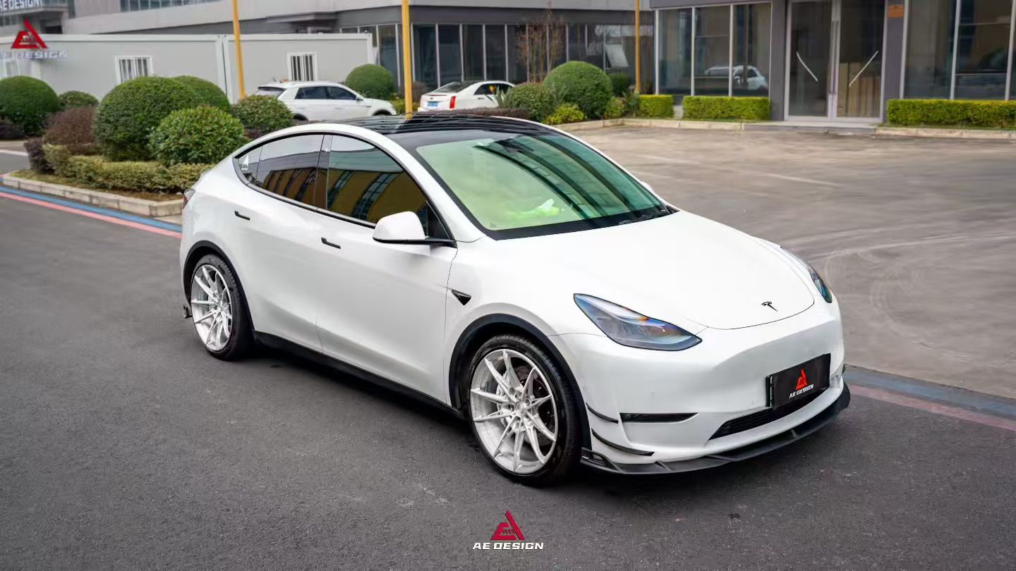 Tesla Model Y 2020 2021 2022 2023 2024 2025 with Aftermarket Parts - AE Style Front Lip Carbon Fiber from ArmorExtend