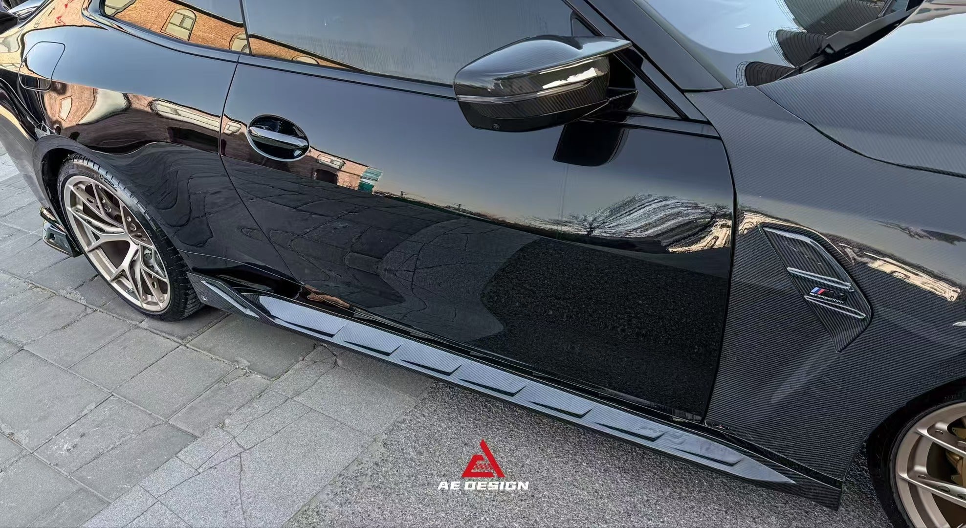 BMW M3 G80 G81 2021 2022 2023 2024 & M4 G82 G83 2021 2022 2023 2024 with Aftermarket Parts - AE Style Side Skirts Carbon Fiber from ArmorExtend