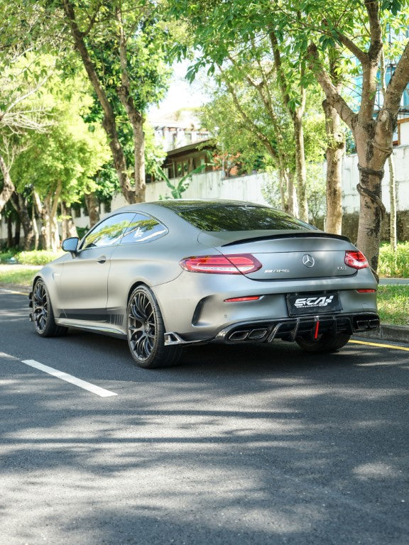 Mercedes Benz C-Class C63S C63 AMG W205 Coupe Convertible 2015 2016 2017 2018 2019 2020 2021 2022 2023 (suitable for both pre-facelift and facelift. Pre-facelift requires exhaust tips from facelifted version) & C-Class C63S C63 AMG W205 Coupe Convertible 2015 2016 2017 2018 2019 2020 2021 2022 2023 (suitable for both pre-facelift and facelift) with Aftermarket Parts - AE Rear Diffuser & Canards Carbon Fiber?from ArmorExtend 
