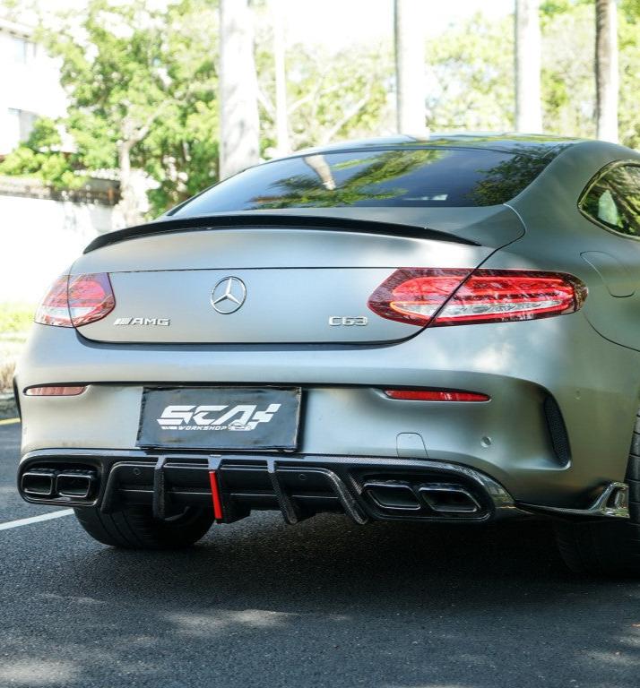 Mercedes Benz C-Class C63S C63 AMG W205 Coupe Convertible 2015 2016 2017 2018 2019 2020 2021 2022 2023 (suitable for both pre-facelift and facelift. Pre-facelift requires exhaust tips from facelifted version) & C-Class C63S C63 AMG W205 Coupe Convertible 2015 2016 2017 2018 2019 2020 2021 2022 2023 (suitable for both pre-facelift and facelift) with Aftermarket Parts - AE Rear Diffuser & Canards Carbon Fiber?from ArmorExtend 

