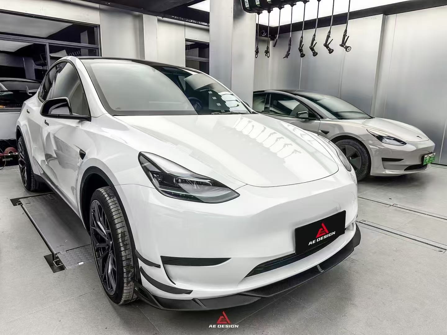 Tesla Model Y 2020 2021 2022 2023 2024 2025 with Aftermarket Parts - AE Style Front Lip Carbon Fiber from ArmorExtend