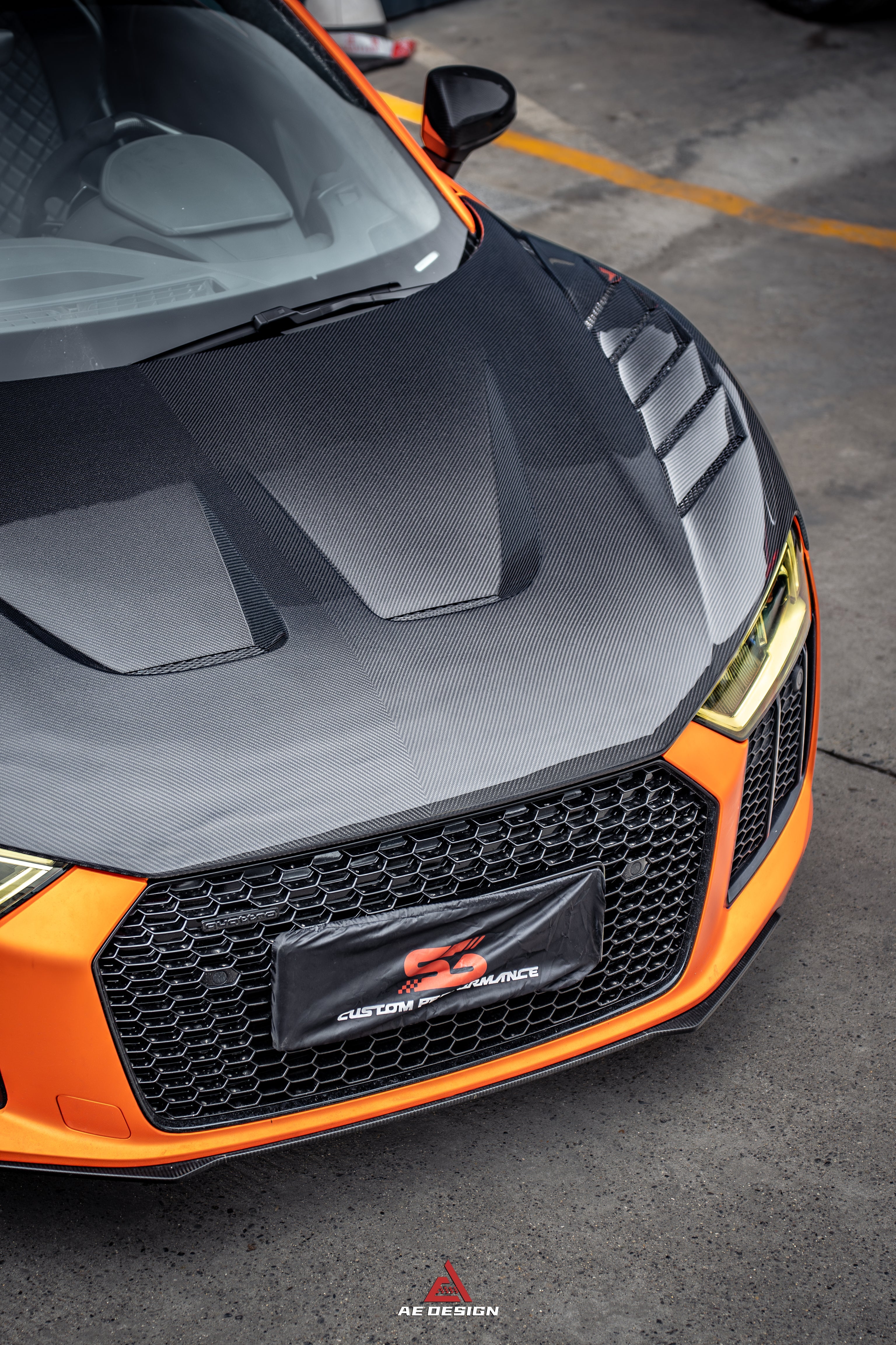 Audi R8 Gen 2 2017-2023 with Aftermarket Parts - AE Style Double-sided Carbon Fiber Hood Bonnet from ArmorExtend