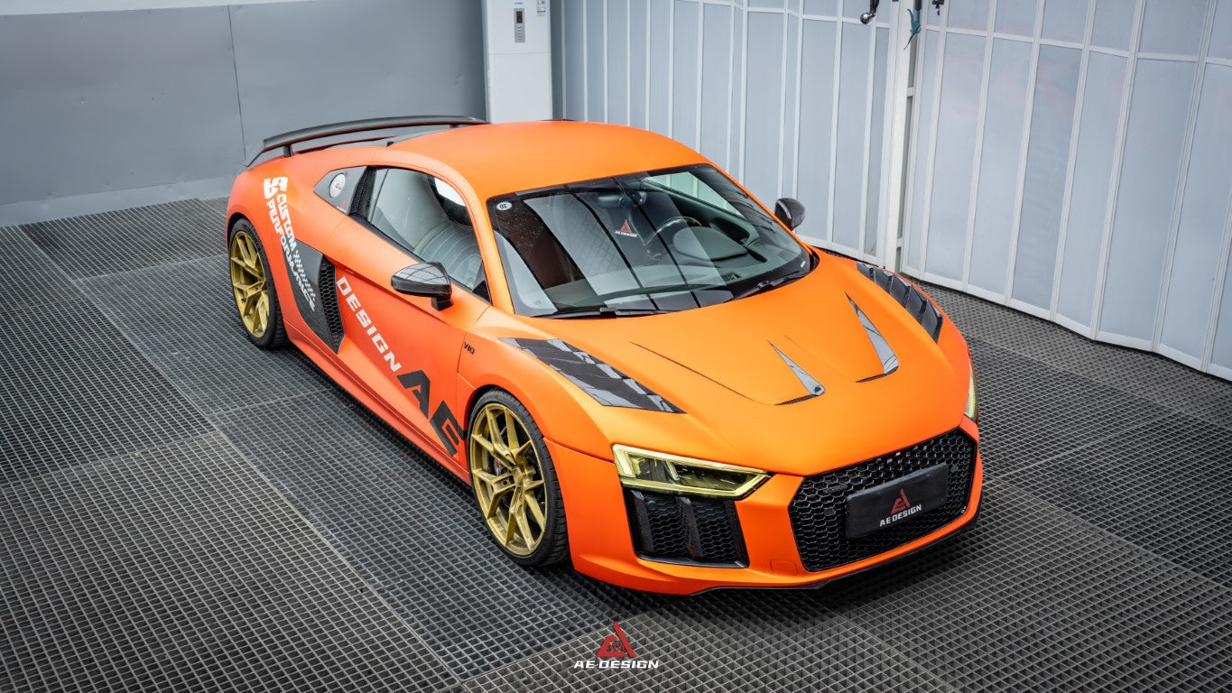 Audi R8 Gen 2 2017-2023 with Aftermarket Parts - AE Style Double-sided Carbon Fiber Hood Bonnet from ArmorExtend