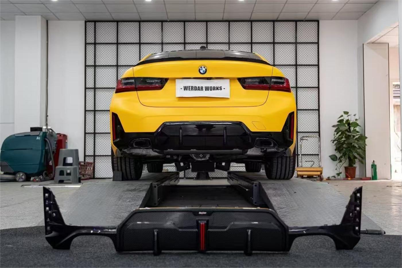 BMW 3 Series 330i (with M-package bumper, does not fit base model) M340i G20 G21 LCI 2023 2024 with Aftermarket Parts - Rear Diffuser Pre-preg Carbon Fiber from BCTXE Tuning