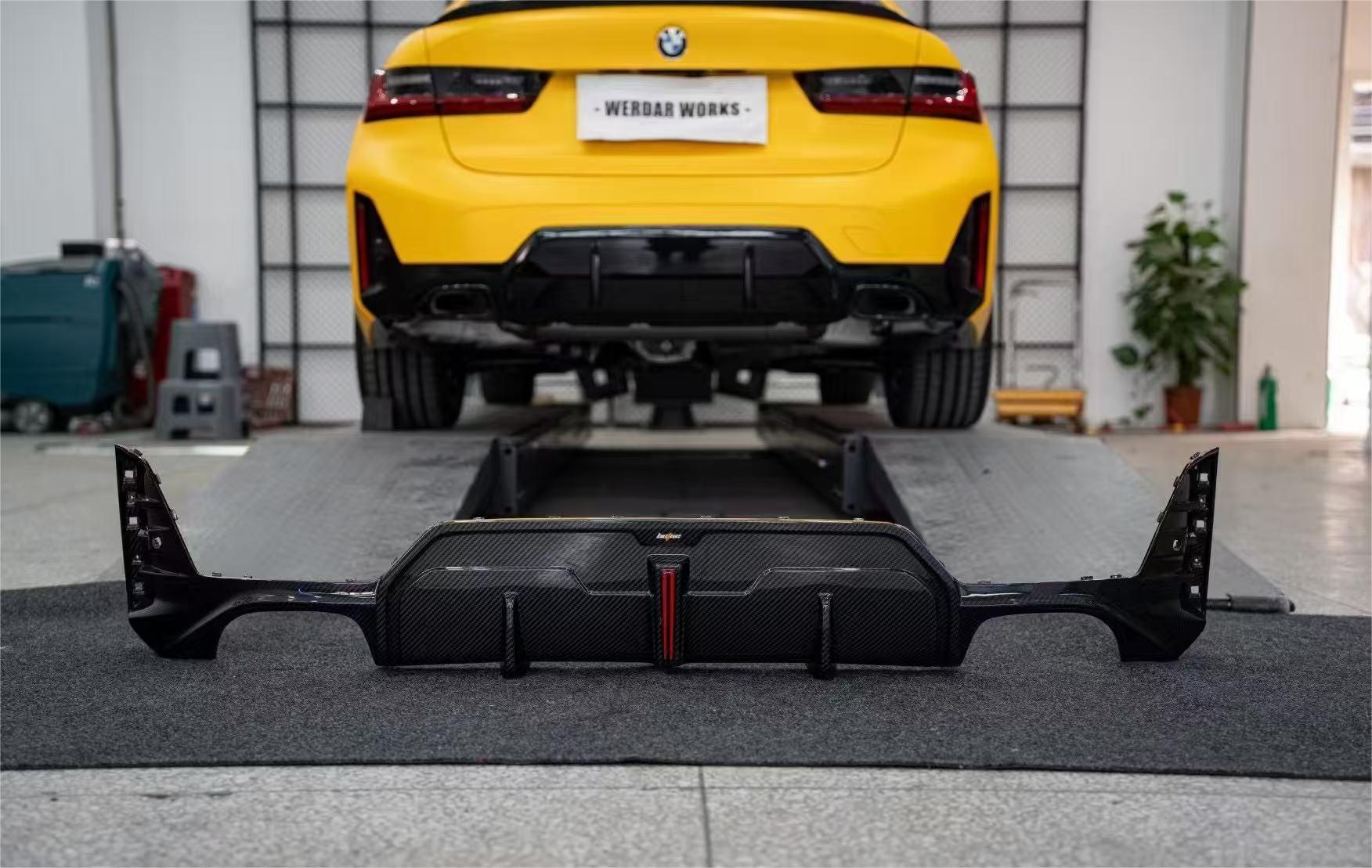 BMW 3 Series 330i (with M-package bumper, does not fit base model) M340i G20 G21 LCI 2023 2024 with Aftermarket Parts - Rear Diffuser Pre-preg Carbon Fiber from BCTXE Tuning
