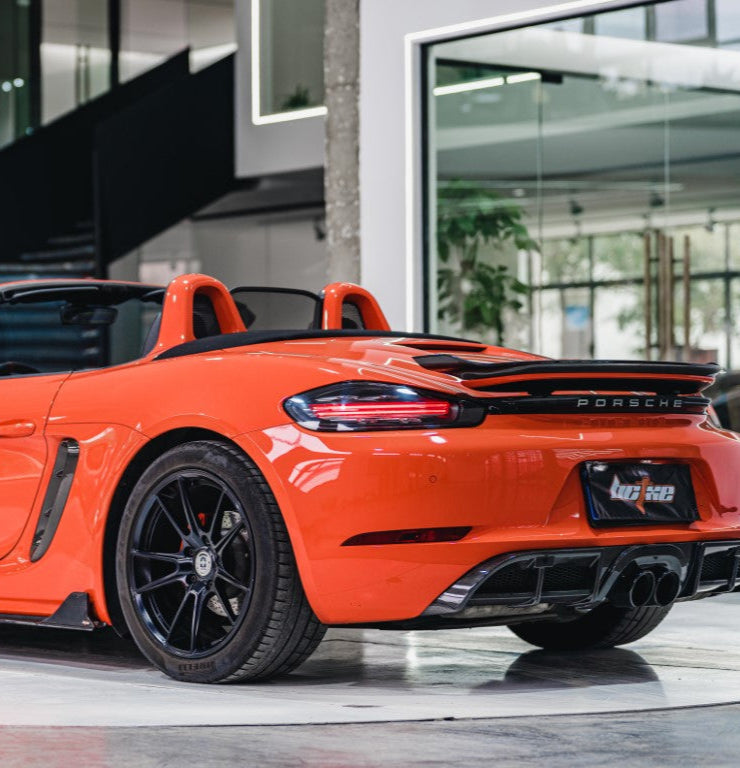 Porsche 718 Boxster Base S T GTS 2017-ON with Aftermarket Parts - Rear Lip Spoiler V2 Pre-preg Carbon Fiber from BCTXE Tuning