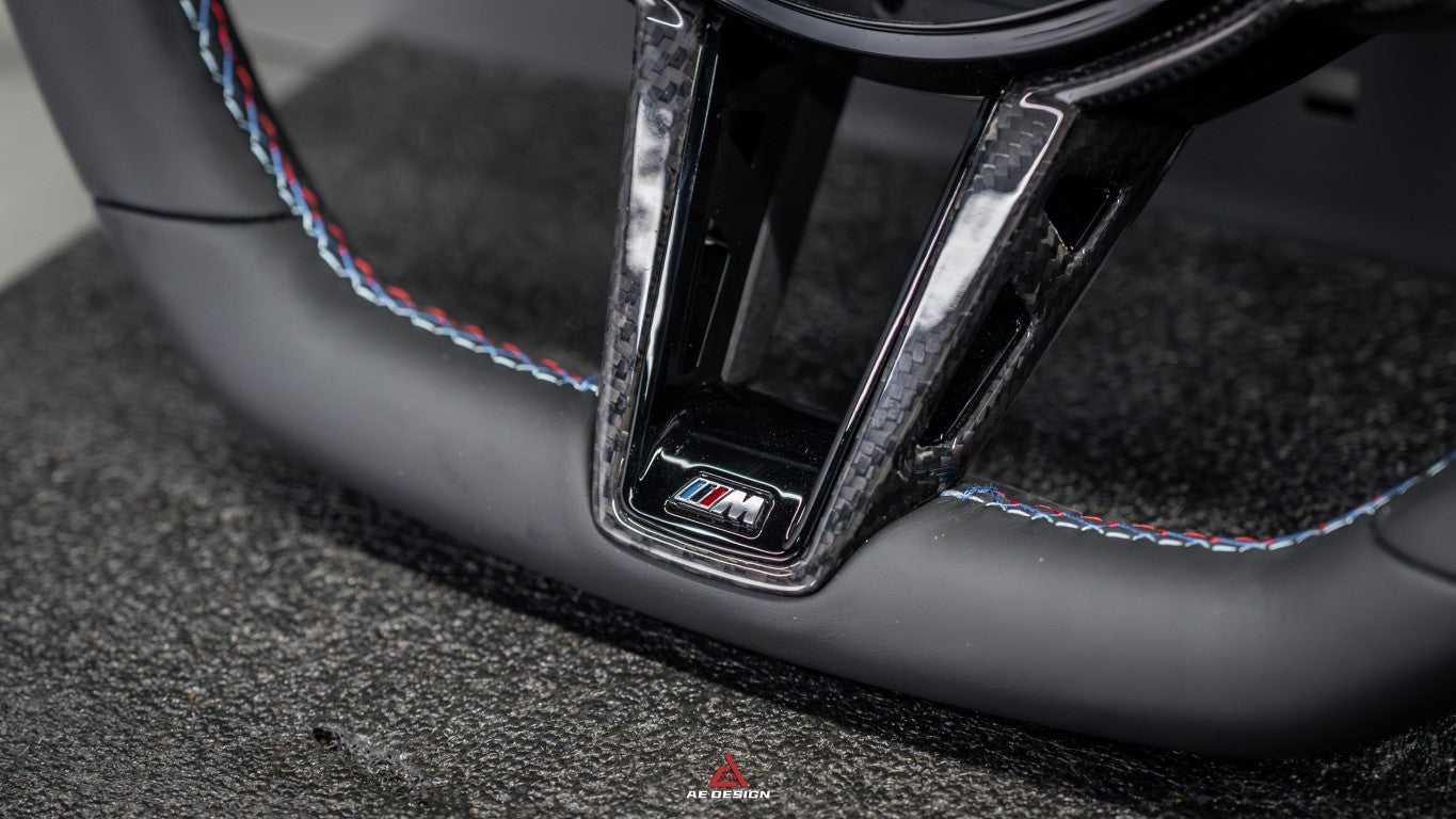 BMW M3 G80 G81 2021 2022 2023 2024 & M4 G82 G83 2021 2022 2023 2024 with Aftermarket Parts - AE Style Steering Wheel Carbon Fiber & Black Leather from ArmorExtend