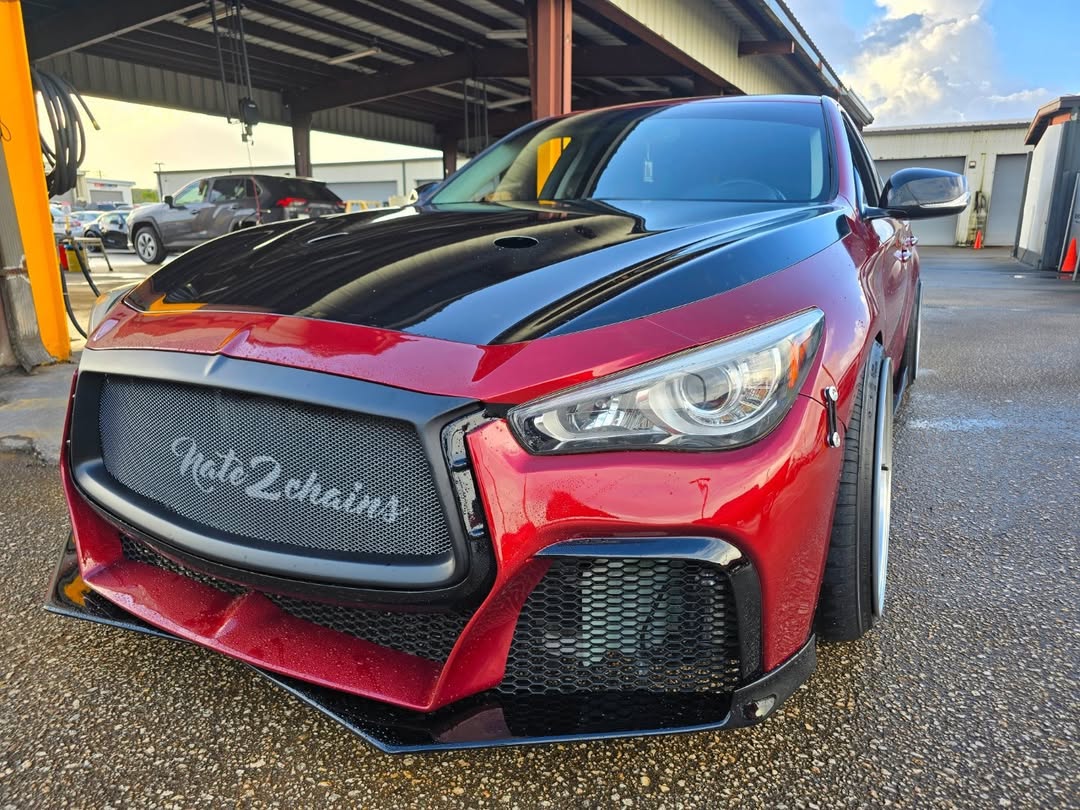 Infiniti Q60 Red Sport 400 Premium Luxe Sport Pure 2017 2018 2019 2020 2021 2022 with Aftermarket Parts - Project Black S Concept Front Bumper & Lip Carbon Fiber / FRP from CMST Tuning