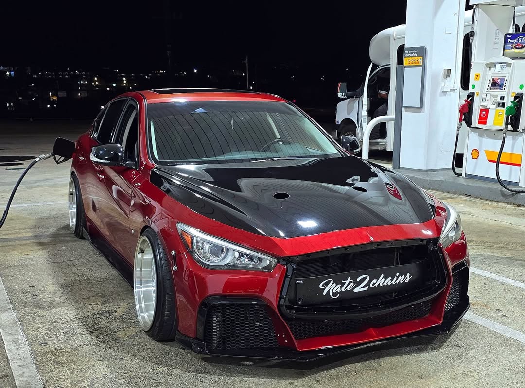 Infiniti Q60 Red Sport 400 Premium Luxe Sport Pure 2017 2018 2019 2020 2021 2022 with Aftermarket Parts - Project Black S Concept Front Bumper & Lip Carbon Fiber / FRP from CMST Tuning