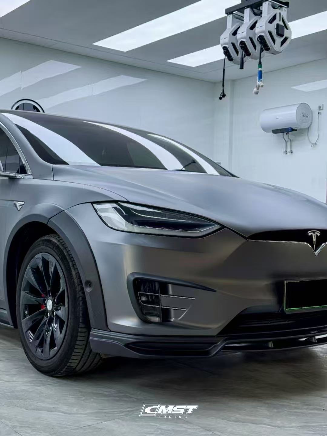 Tesla Model X P100D 100D 90D 75D 60D Performance Long Range Base 2016-2021 with Aftermarket Parts - Front Lip Splitter Carbon Fiber / FRP from CMST Tuning