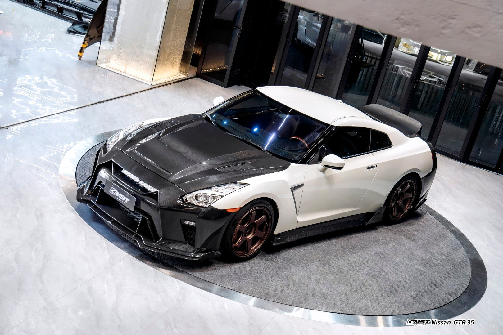 Nissan GTR R35 CBA DBA EBA 2008-2024 with Aftermarket Parts - HORIZON Narrow body &  Widebody Front Lip Carbon Fiber / FRP from CMST Tuning