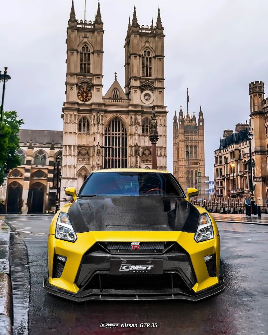 Nissan GTR R35 CBA DBA EBA 2008-2024 with Aftermarket Parts - HORIZON Narrow body &  Widebody Front Lip Carbon Fiber / FRP from CMST Tuning