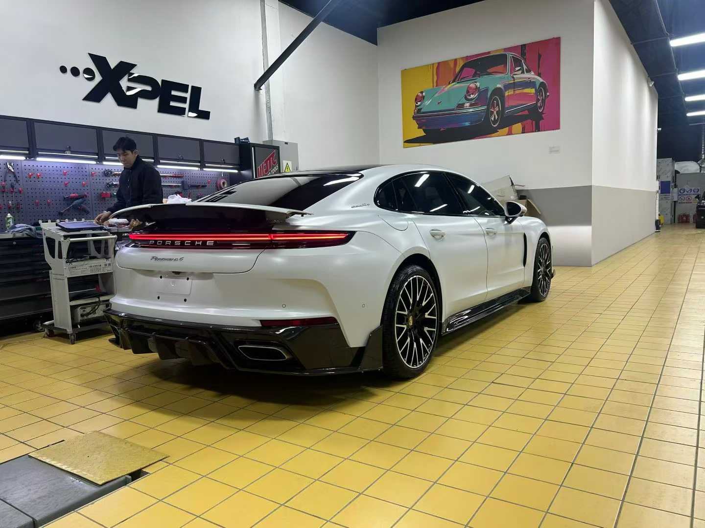 Porsche Panamera 976 Base 4 4S E-Hybird GTS Turbo 2024 with Aftermarket Parts - Rear Diffuser & Canards Pre-preg Carbon Fiber / FRP from CMST Tuning