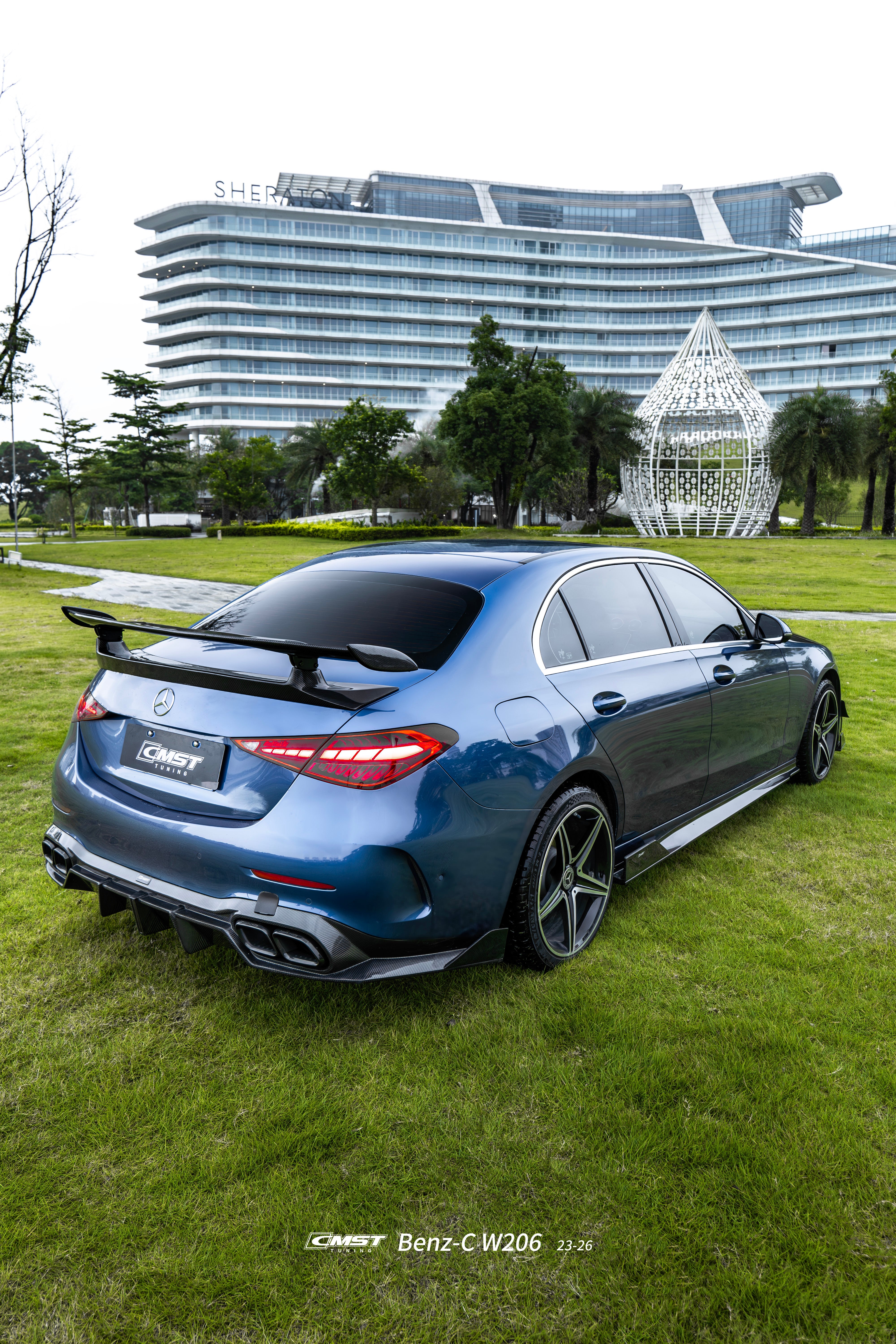 Mercedes Benz C-Class C63 C43 AMG C300 (with sport-package bumper) W206 S206 2021-ON with Aftermarket Parts - Rear Diffuser & Exhaust Carbon Fiber / FRP from CMST Tuning