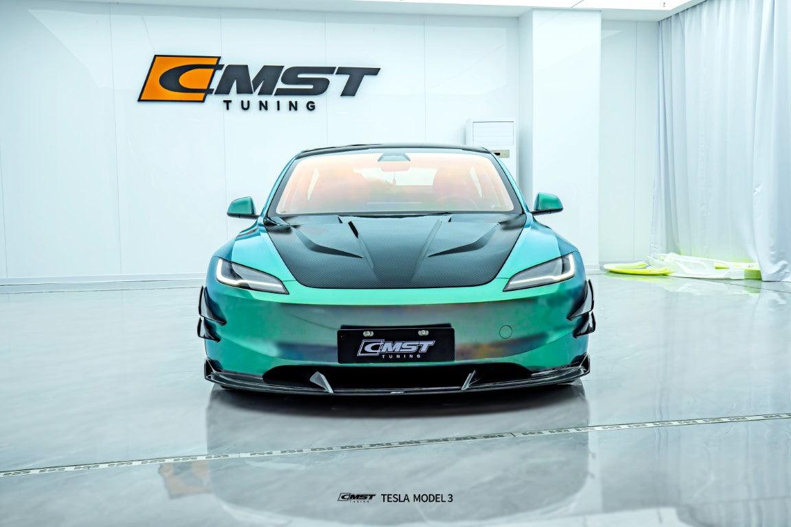 Tesla Model 3 Highland 2024-ON with Aftermarket Parts - v1 Style Carbon Fiber or FRP Hood Bonnet from  CMST Tuning