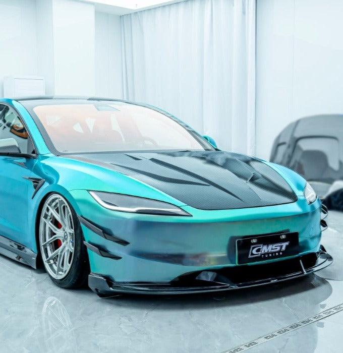 Tesla Model 3 Highland 2024-ON with Aftermarket Parts - v1 Style Carbon Fiber or FRP Hood Bonnet from  CMST Tuning