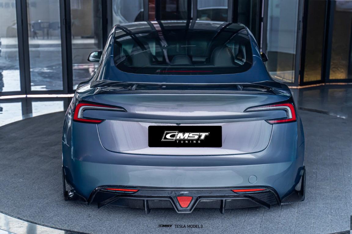 Tesla Model 3 Highland / Performance 2024-ON with Aftermarket Parts - V1 Style Rear Diffuser & Canards Carbon Fiber from CMST Tuning