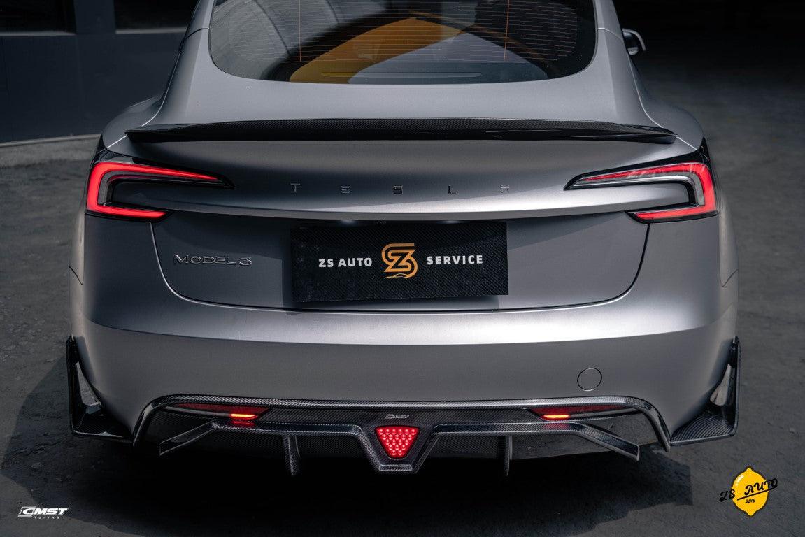 Tesla Model 3 Highland / Performance 2024-ON with Aftermarket Parts - V1 Style Rear Diffuser & Canards Carbon Fiber from CMST Tuning