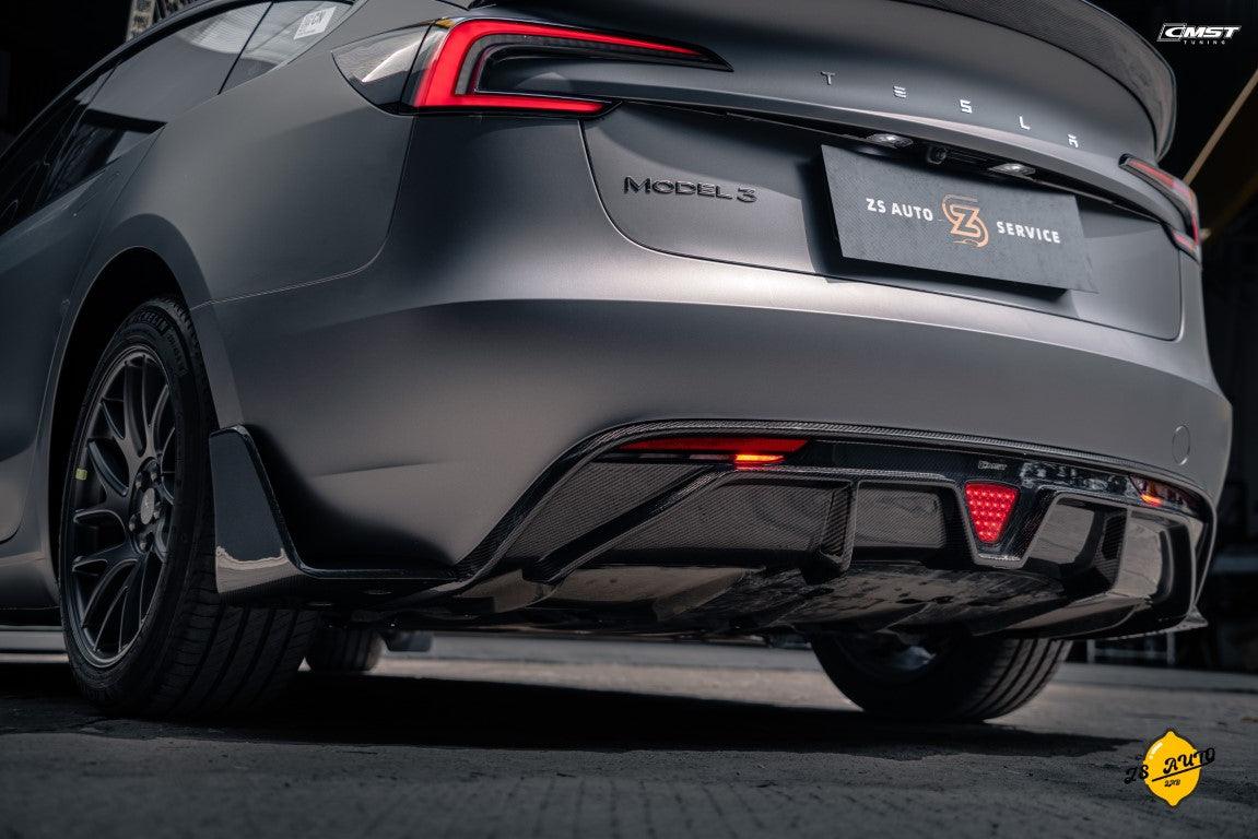 Tesla Model 3 Highland / Performance 2024-ON with Aftermarket Parts - V1 Style Rear Diffuser & Canards Carbon Fiber from CMST Tuning