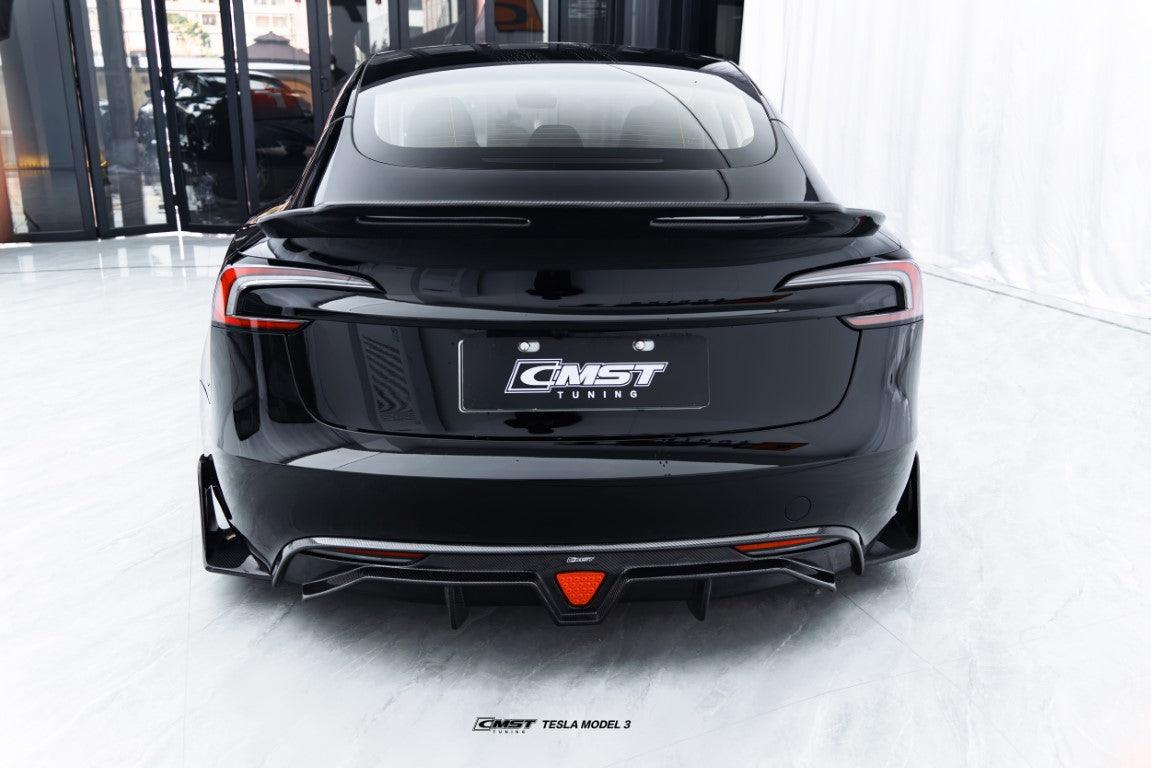Tesla Model 3 Highland / Performance 2024-ON with Aftermarket Parts - V1 Style Rear Diffuser & Canards Carbon Fiber from CMST Tuning