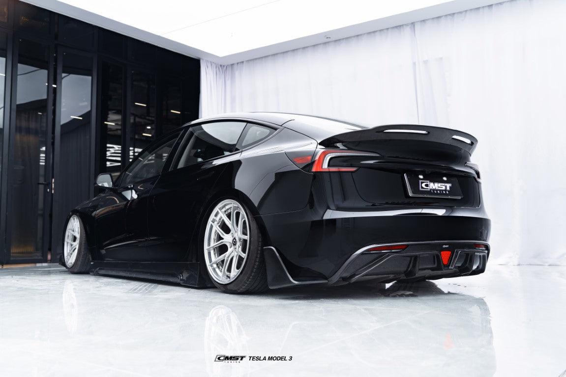 Tesla Model 3 Highland / Performance 2024-ON with Aftermarket Parts - V1 Style Rear Diffuser & Canards Carbon Fiber from CMST Tuning