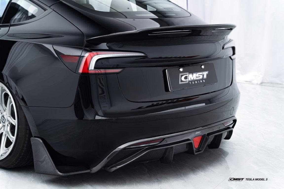 Tesla Model 3 Highland / Performance 2024-ON with Aftermarket Parts - V1 Style Rear Diffuser & Canards Carbon Fiber from CMST Tuning