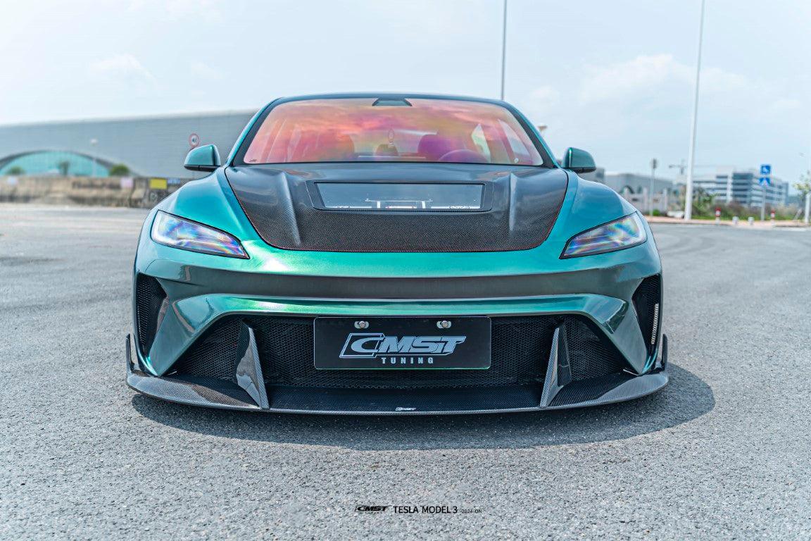 Tesla Model 3 Highland 2024-ON with Aftermarket Parts - Horizon Style Front Bumper & Lip Carbon Fiber / FRP from  CMST Tuning