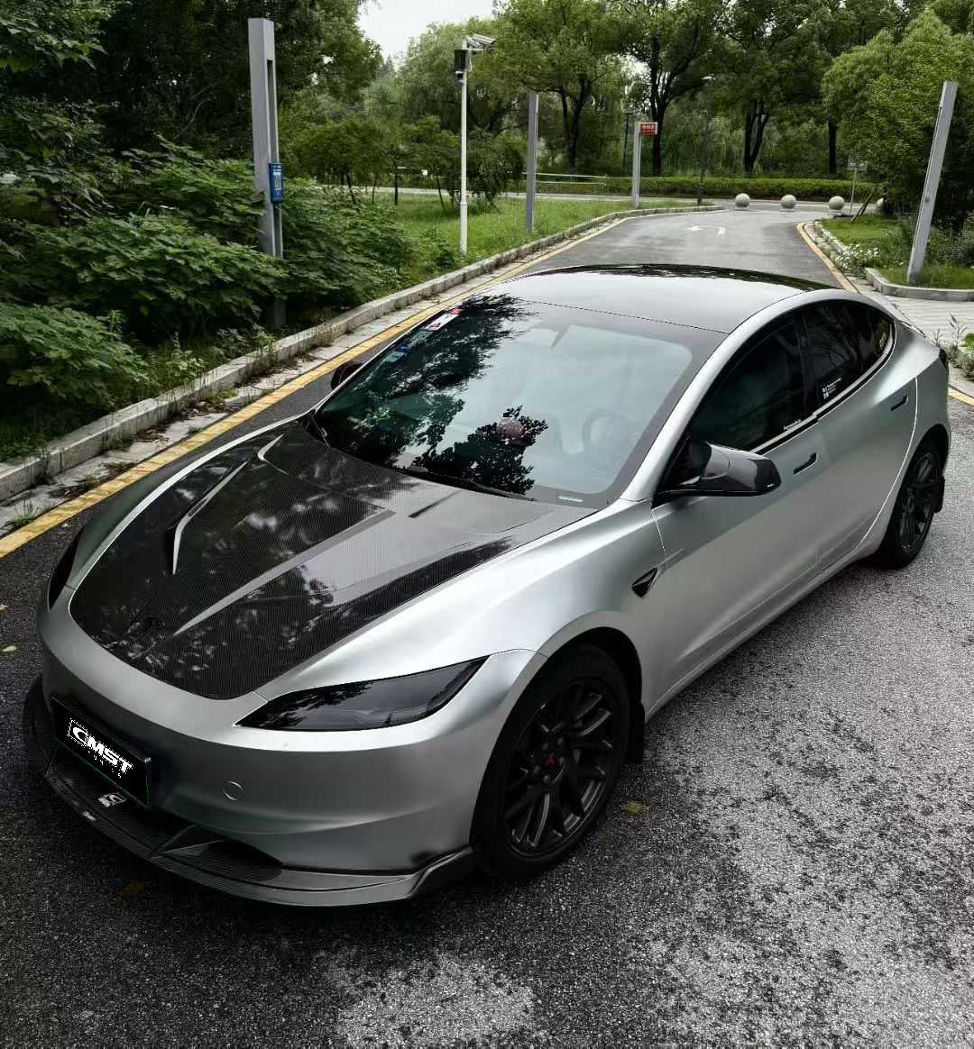 Tesla Model 3 Highland / Performance 2024-ON with Aftermarket Parts - V1 Style Hood Bonnet Carbon Fiber / FRP from CMST Tuning