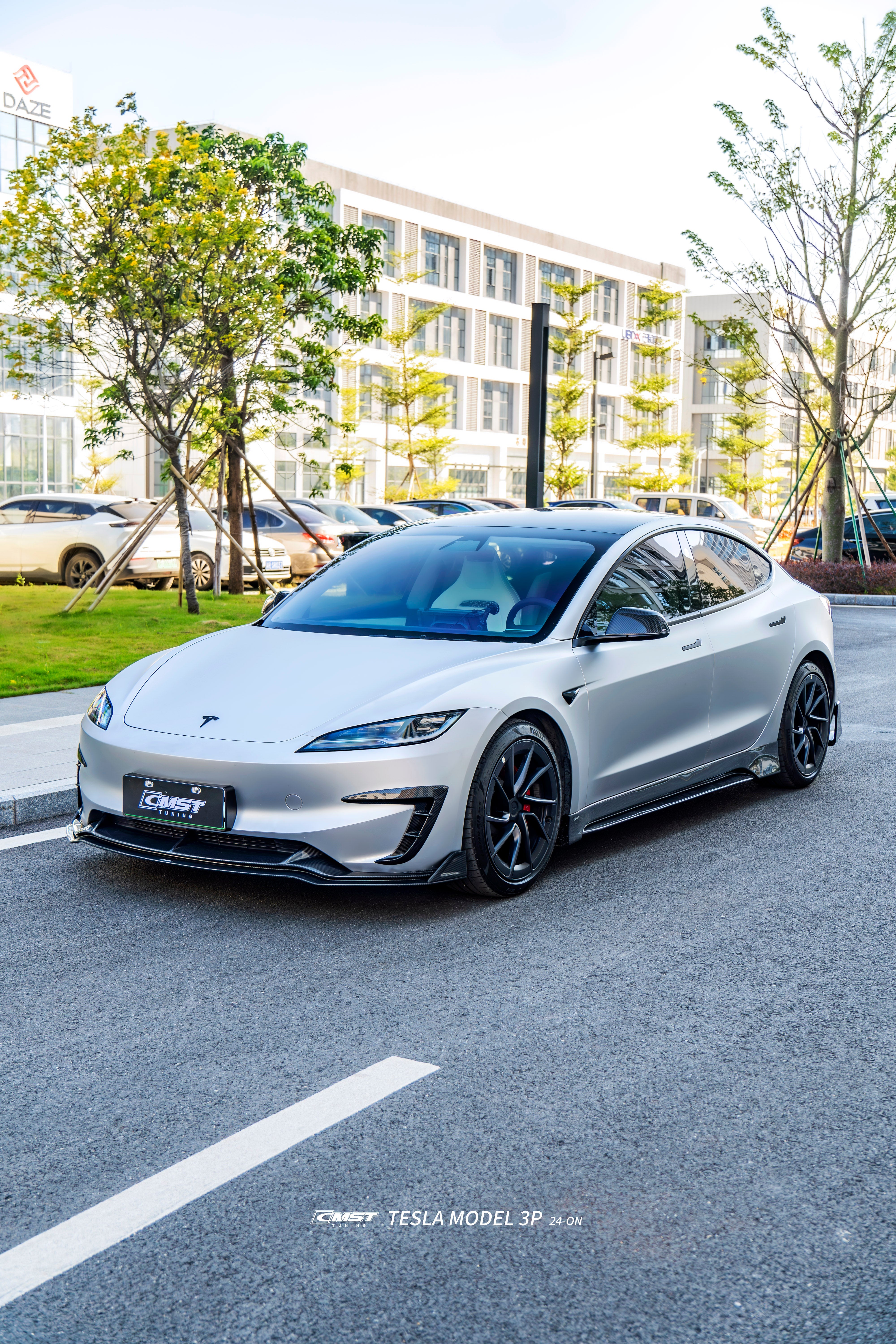 Tesla Model 3 Performance 2024-ON with Aftermarket Parts - V2 Front Lip Carbon Fiber / FRP from CMST Tuning