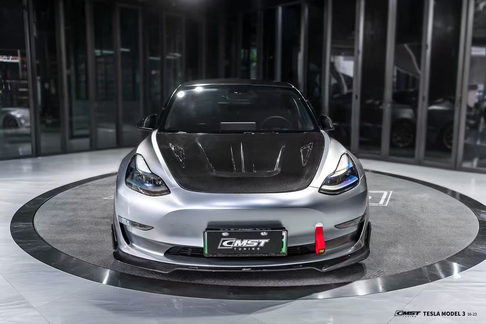 Tesla Model 3 Performance Long Range Standard Base 2017 2018 2019 2020 2021 2022 2023 with Aftermarket Parts - V1 Hood Bonnet Carbon Fiber / FRP from CMST Tuning