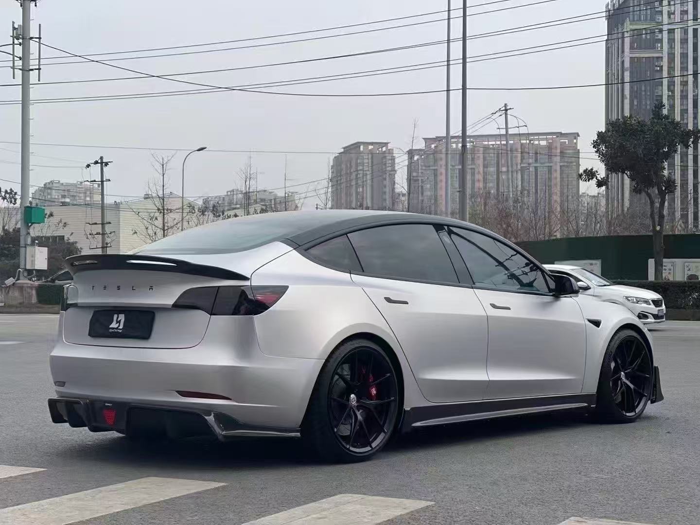 Tesla Model 3 Performance Long Range Standard Base 2017 2018 2019 2020 2021 2022 2023 with Aftermarket Parts - V4 Rear Duck Bill Tail Spoiler Carbon Fiber / FRP from CMST Tuning