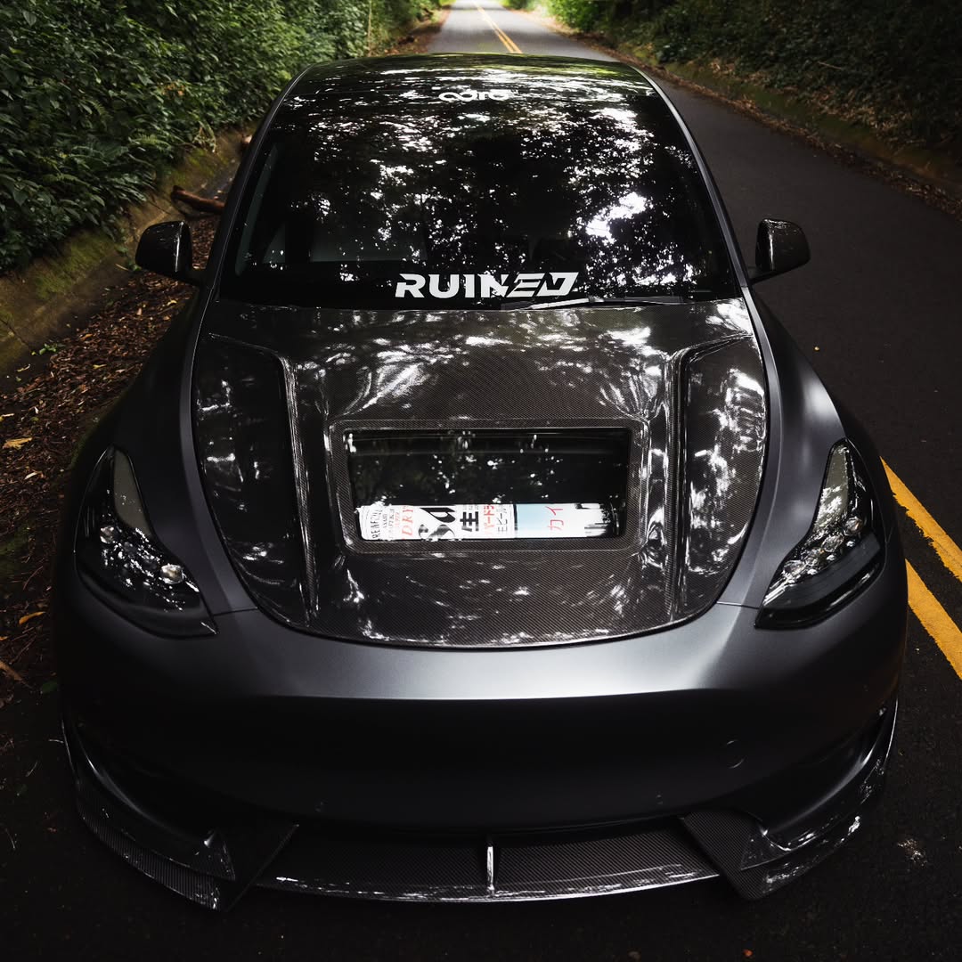 Tesla Model 3 Performance Long Range Standard Base 2017 2018 2019 2020 2021 2022 2023 with Aftermarket Parts - V3 Hood Bonnet Carbon Fiber / FRP from CMST Tuning
