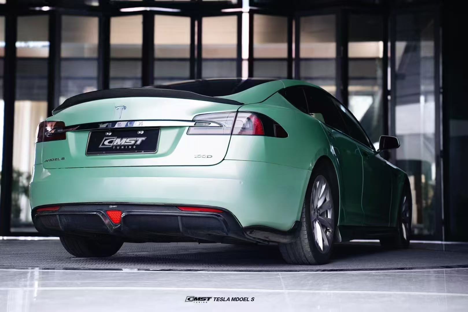 Tesla Model S 2nd Gen late 2016-early 2021 with Aftermarket Parts - Rear Diffuser & Canards Carbon Fiber / FRP from CMST Tuning