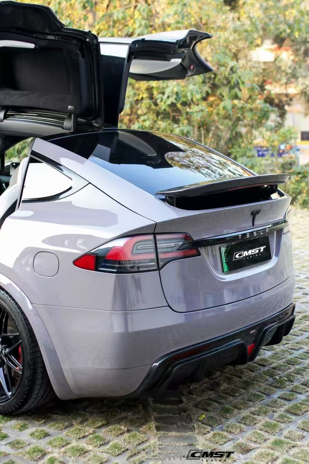 Tesla Model X P100D 100D 90D 75D 60D Performance Long Range Base 2016-2021 with Aftermarket Parts - Rear Trunk Spoiler Carbon Fiber / FRP from CMST Tuning