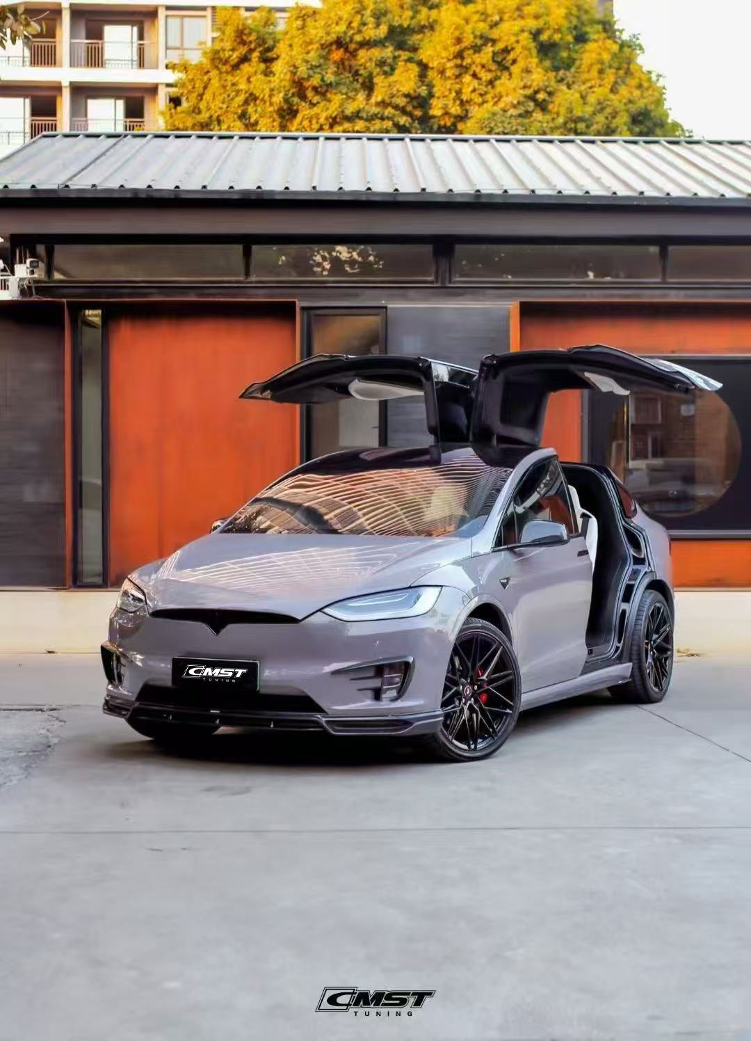 Tesla Model X P100D 100D 90D 75D 60D Performance Long Range Base 2016-2021 with Aftermarket Parts - Front Lip Splitter Carbon Fiber / FRP from CMST Tuning