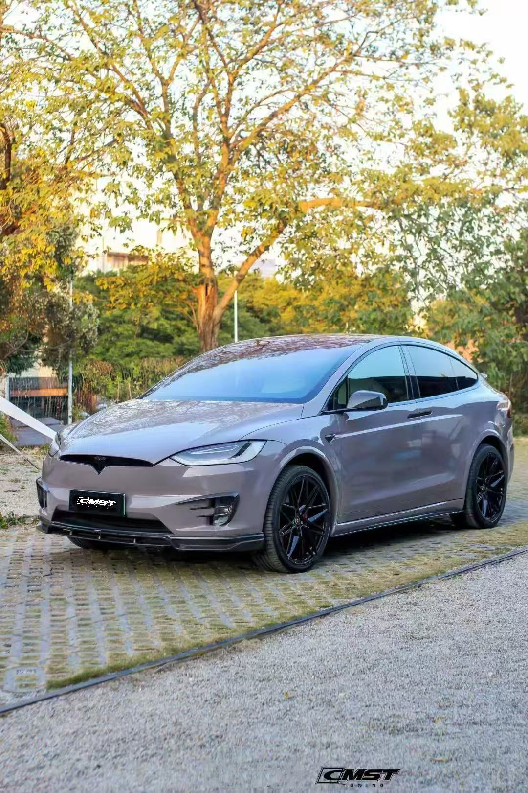 Tesla Model X P100D 100D 90D 75D 60D Performance Long Range Base 2016-2021 with Aftermarket Parts - Front Lip Splitter Carbon Fiber / FRP from CMST Tuning