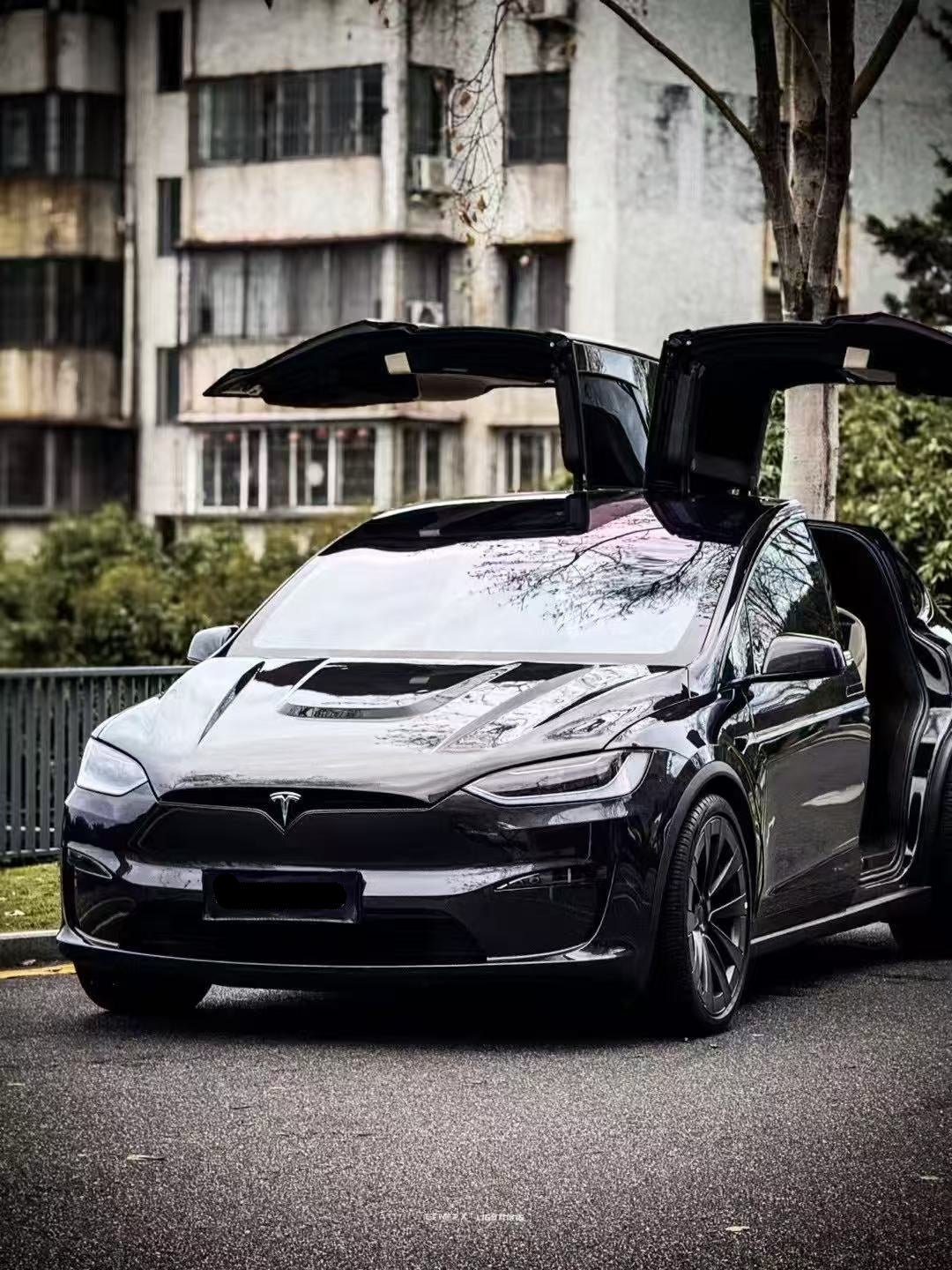 Tesla Model X Plaid Long Range Base 2022 2023 2024 with Aftermarket Parts - Hood Bonnet Carbon Fiber  FRP