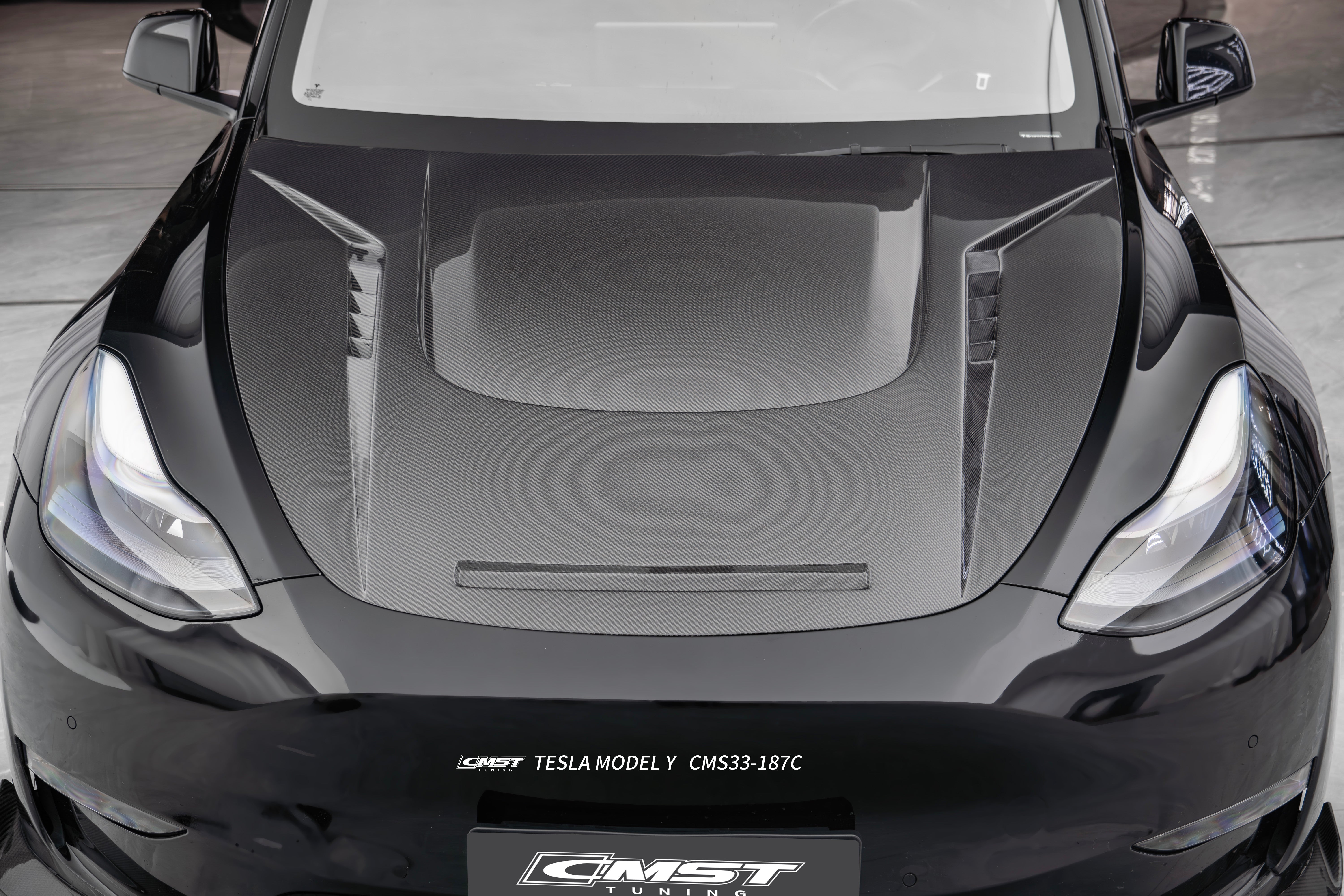 Tesla Model Y Performance AWD Long Range RWD Standard 2020 2021 2022 2023 2024 2025 with Aftermarket Parts - V6 Hood Carbon Fiber / FRP from CMST Tuning