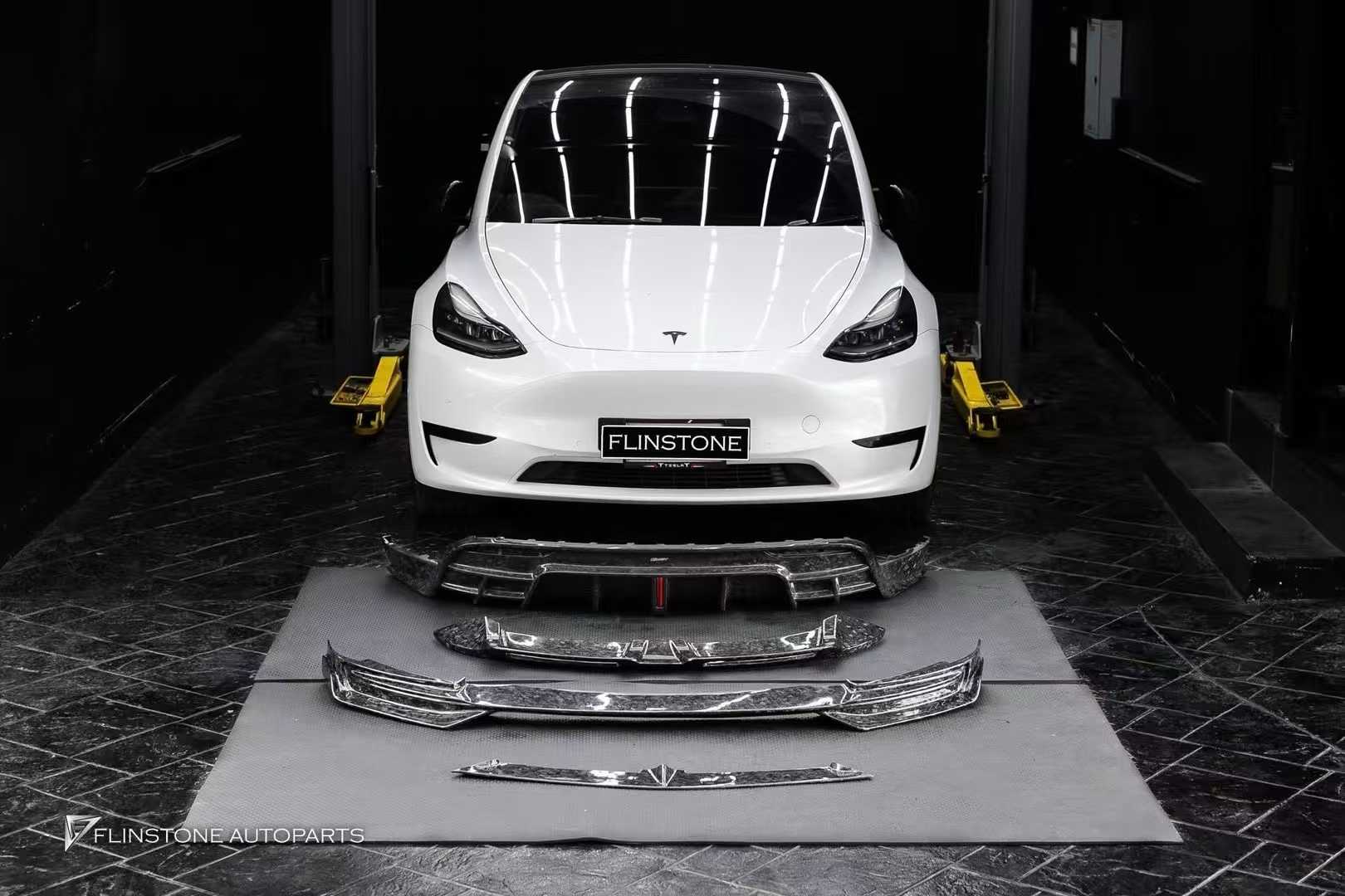 Tesla Model Y Performance AWD Long Range RWD Standard 2020-ON with Aftermarket Parts - V3 Style Front Lip Splitter Carbon Fiber / FRP from CMST Tuning
