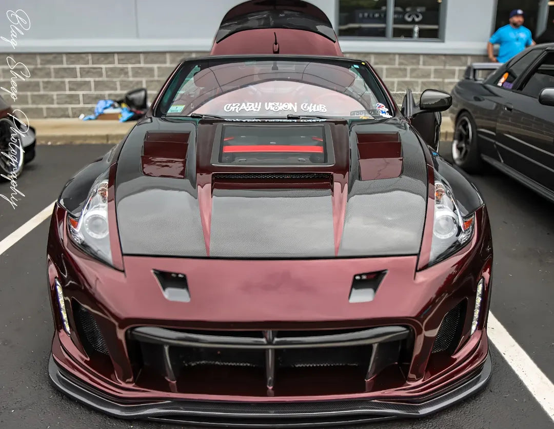 Nissan 370Z Nismo Sport Touring Base Fairlady Z Z34 2009 2010 2011 2012 2013 2014 2015 2016 2017 2018 2019 2020 with Aftermarket Parts - V1 Glass Clearview Hood Bonnet Carbon Fiber / FRP from CMST Tuning