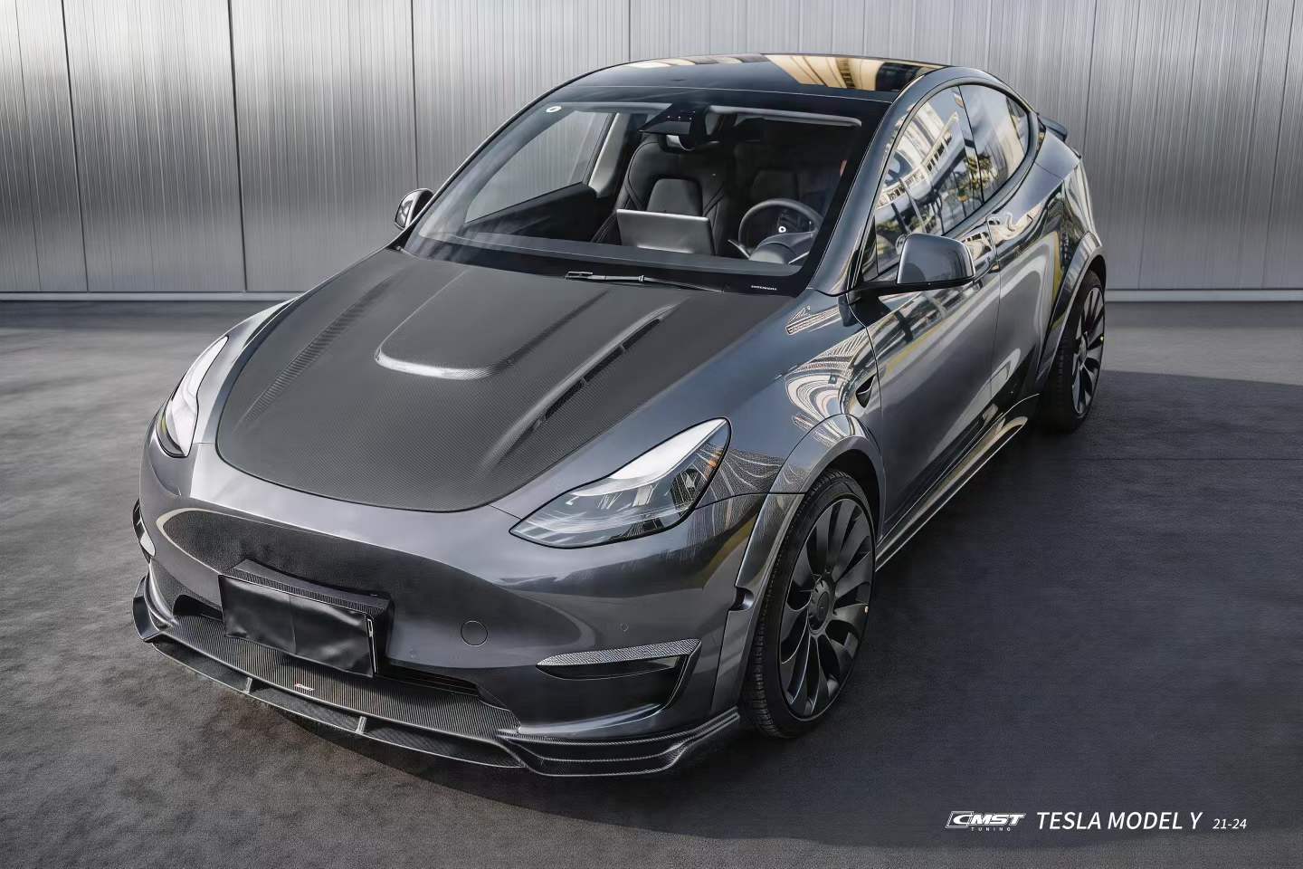 Tesla Model Y Performance AWD Long Range RWD Standard 2020-ON with Aftermarket Parts - V2 Style Front Lip Splitter Carbon Fiber / FRP from CMST Tuning