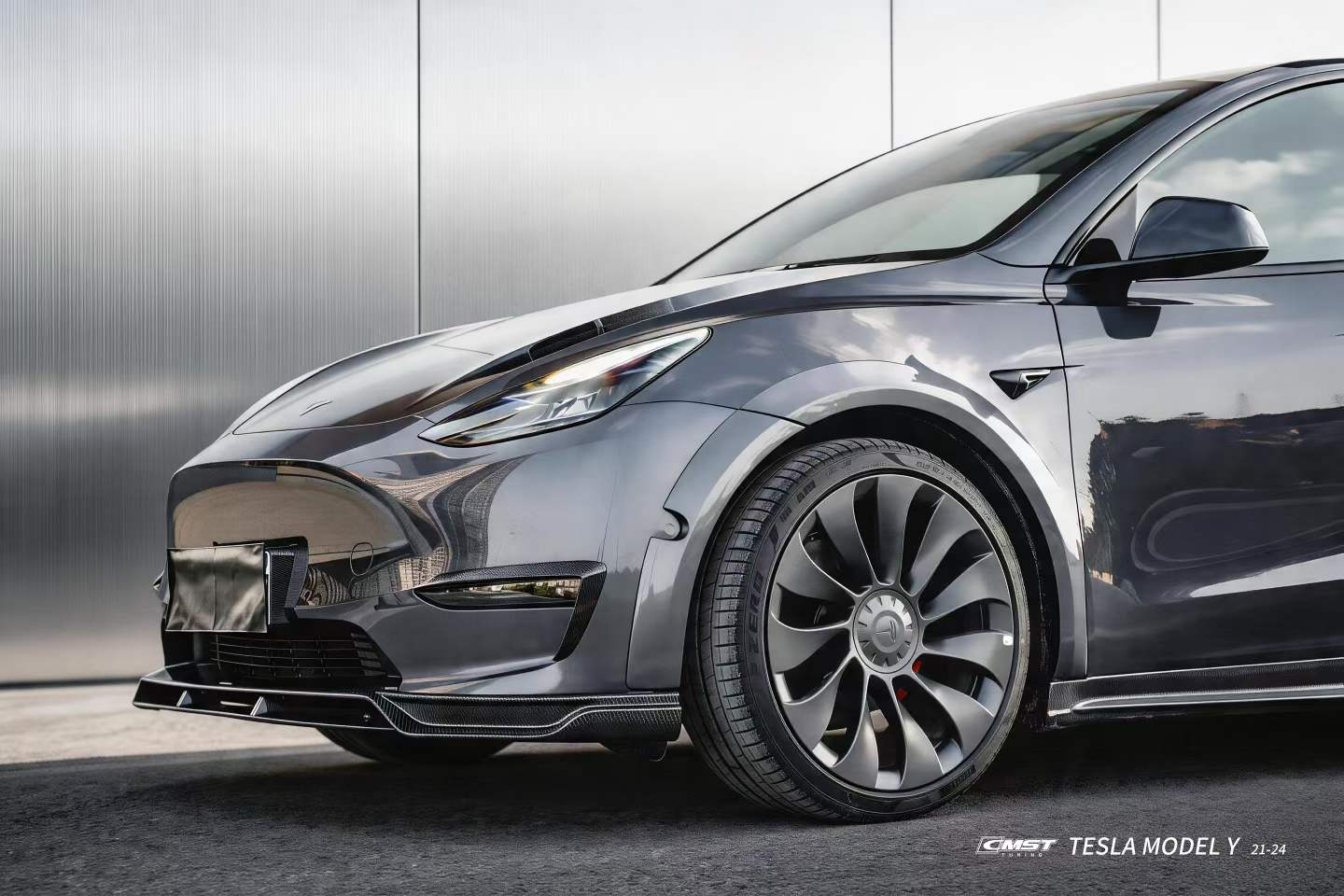 Tesla Model Y Performance AWD Long Range RWD Standard 2020-ON with Aftermarket Parts - V2 Style Front Lip Splitter Carbon Fiber / FRP from CMST Tuning