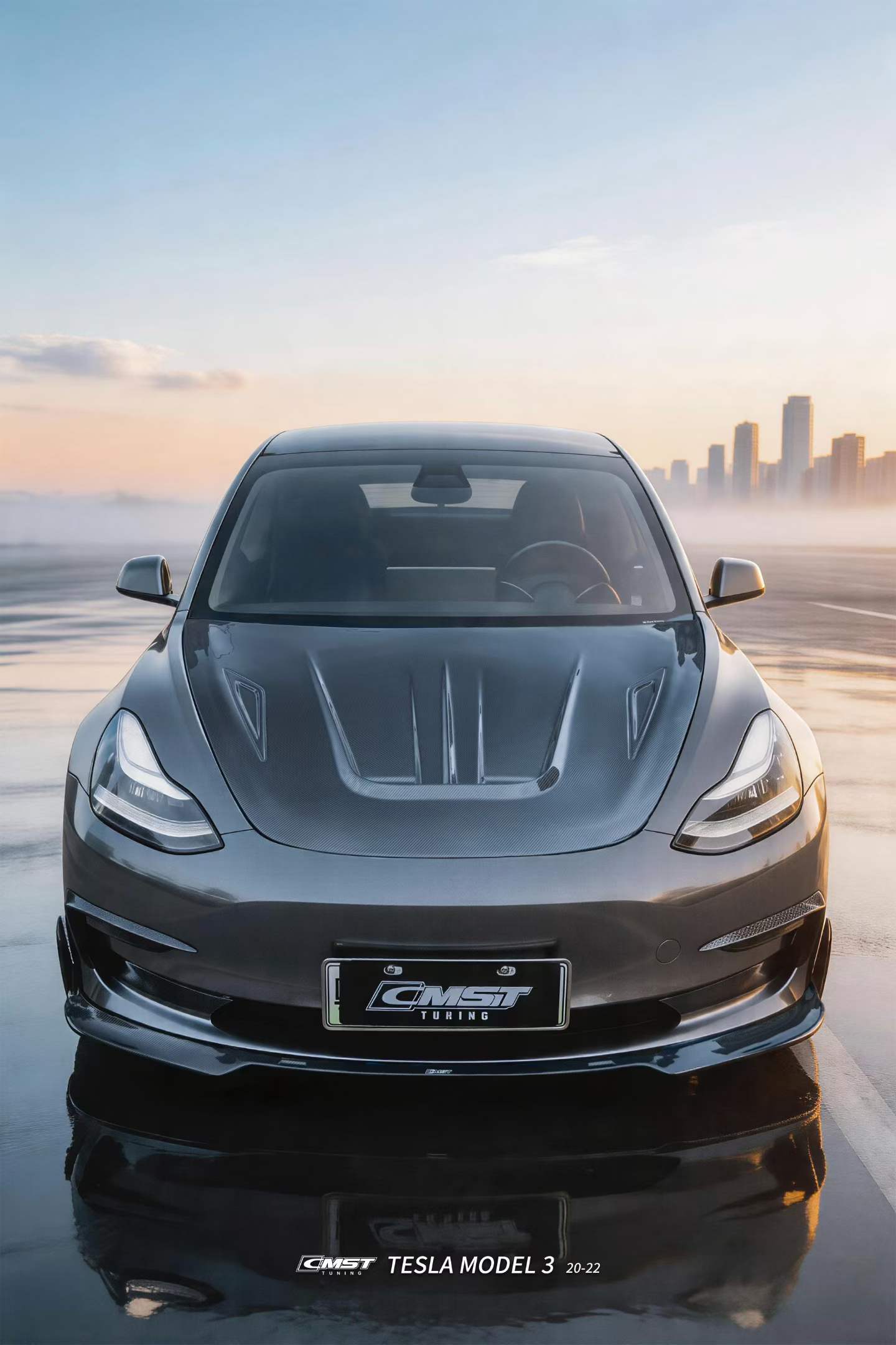 Tesla Model 3 Performance Long Range Standard Base 2017 2018 2019 2020 2021 2022 2023 with Aftermarket Parts - V1 Hood Bonnet Carbon Fiber / FRP from CMST Tuning