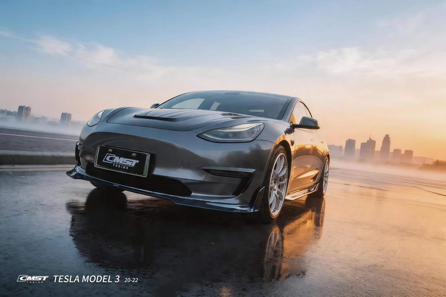 Tesla Model 3 Performance Long Range Standard Base 2017-2023 with Aftermarket Parts - V5 Style Front Lip Splitter Carbon Fiber / FRP from CMST Tuning